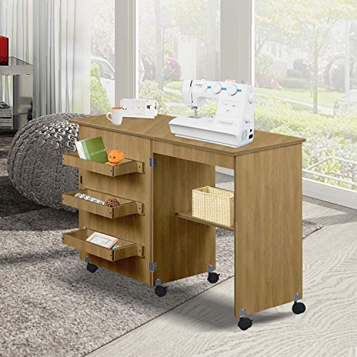 Folding Sewing Table Multifunctional Sewing Machine Cart Table Sewing Craft Cabinet Table with Storage Shelves Portable Rolling Sewing Desk Computer Desk with Lockable Casters (Walnut)