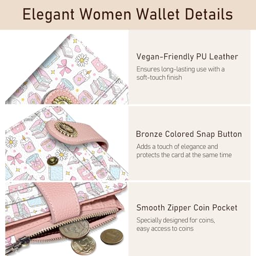 Image of Kelvoris Cute Book Lover Coffee Small Rfid Women Wallet Zipper Coin Pocket | Bifold PU Leather Compact Cash Credit Card Holder Travel Purse for Female Ladies Teen Girly Girls 1 ID Window 10 Card Slots