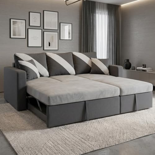 Image of FURNY Trivia 4 Seater RHS Lounger Sofa Cum Bed (Dark Gray - Light Gray) with Pull-Out Function | Luxury Velvet Suede Finish | Durable Comfort | Ideal for Living Room