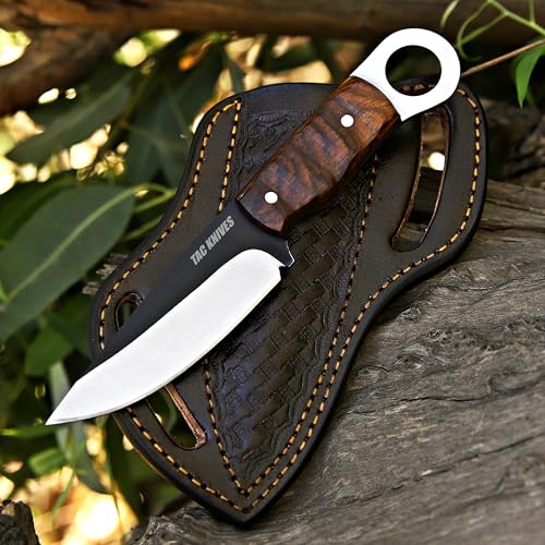 TAC KNIVES 8'' Full Tang Fixed Blade Outdoor Camping Hunting Knife In Sheath Gift For Him 1095 High Carbon Steel SKINNER Knife Gift Cowboy knives Pancake leather sheath (WOOD 402)