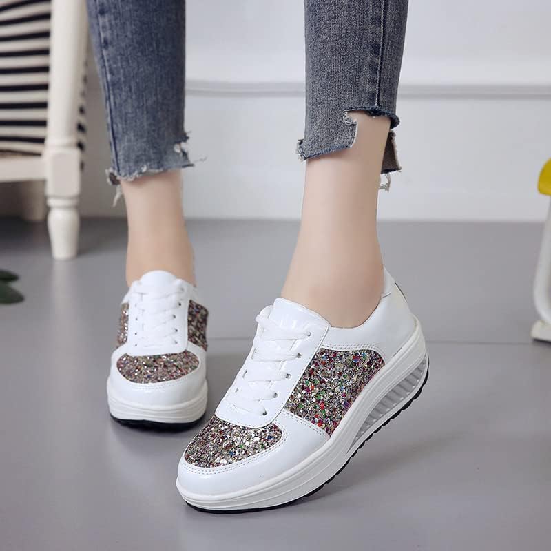 Women's Glitter Platform Wedge Athletic Tennis Walking Shoes Sparkly Sequin Lightweight Non Slip Casual Comfort Fashion Colorblock Sneakers - Image 2