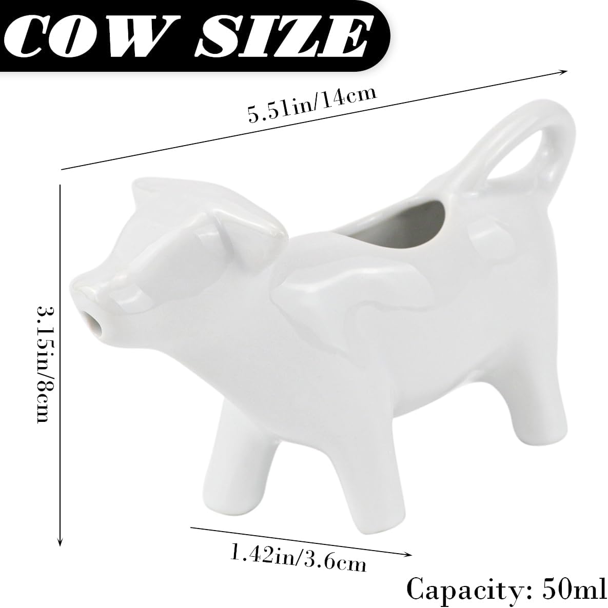 DOERDO Ceramic Coffee Creamer Milk Jug Cow Shape Sauce Pitcher Milk Creamer Ceramic Serving Pitcher Gravy Boat Gravy Bowl, 50ML