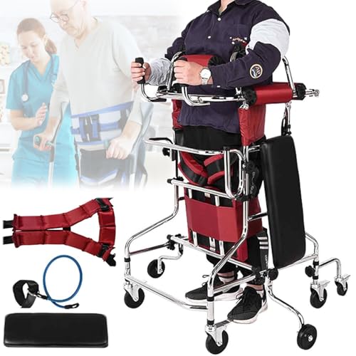 JOSBY 障害者用スタンディングフレーム、メディカルウォーカー、高さ10段階調節可能、59~71インチ用脚補助弾性ロープ、ハンドブレーキ&シートストラップ、200kg耐荷重、片麻痺用