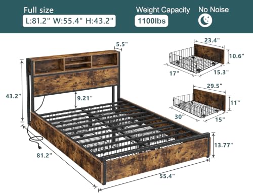 Image of EnHomee Full Bed Frame with 6 Storage Drawers, Charge Station,Noise-Free