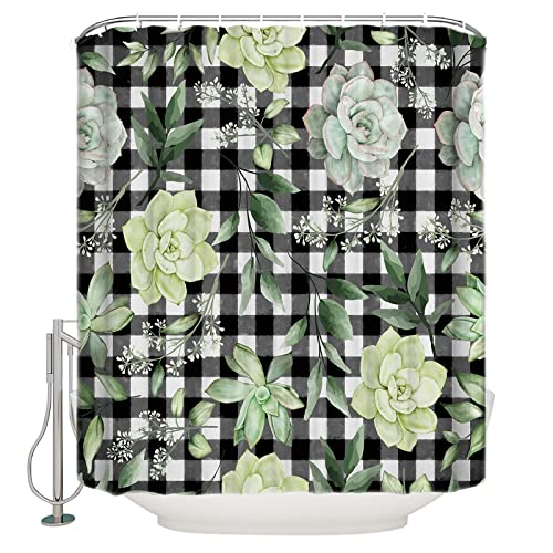 Succulent Shower Curtains 36x78inch, Bath Curtain Waterproof Polyester Fabric Decorative Bathroom Accessories Shower Curtain Set with Hooks, Summer Green Plant Leaves Succulents Black Plaid Succulent Shower Curtains 36x78inch, Bath Curtain Waterproof Polyester Fabric Decorative Bathroom Accessories Shower Curtain Set with Hooks, Summer Green Plant Leaves Succulents Black Plaid