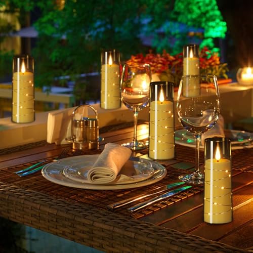 Image of Flameless Candles with Remote Timer, Embedded String Lights, Battery Operated LED Pillar Candles, Unbreakable Plexiglass, Set of 3, Black, 2.3 inch x 6 inch