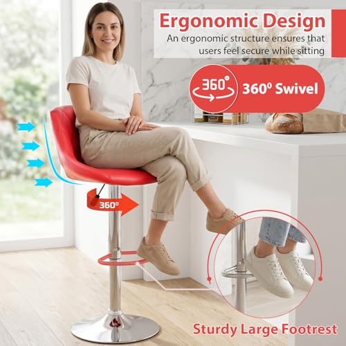 Butacos de Barra Ajustables con Giro de 360°, Asiento Tapizado en Cuero Sintético y Soporte para Pies, Juego de 2 (Rojo Brillante) miniatura 7