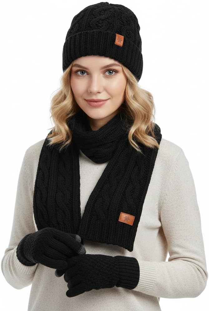 Winter Knit Beanie Hat, Scarf and Touchscreen Gloves Set, Warm Fleece Lined Cold Weather Accessories