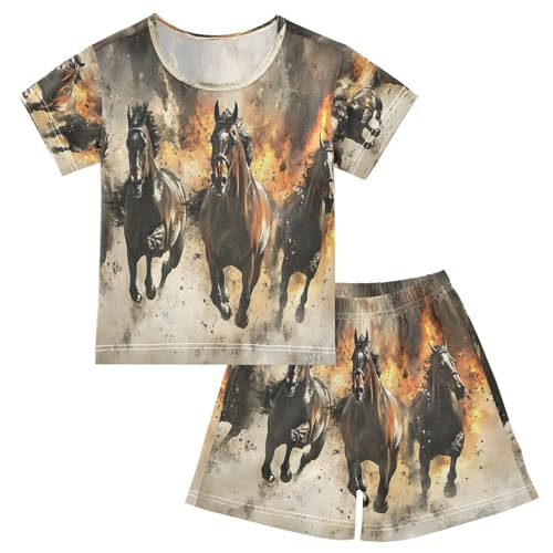 ALAZA Horse Fire Animal Pajamas Set Short Sleeve Cotton Sleepwear Summer Pjs 2 Piece 5-14Y