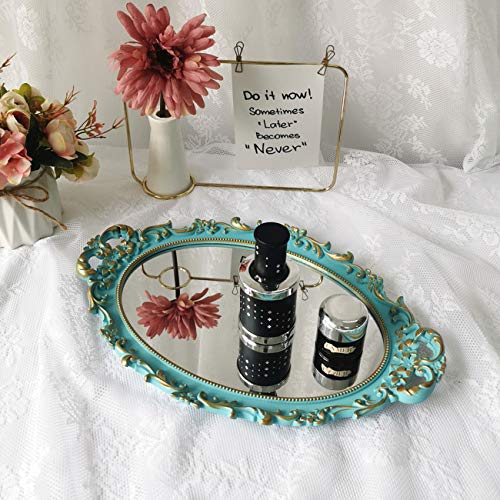 Hamphinee Oval Floral Wall Mirror Tray, Dresser Organizer Tray, Decorative Perfume Mirror Tray, Serving Tray, 9.5"X14.5", Blue #TOP6