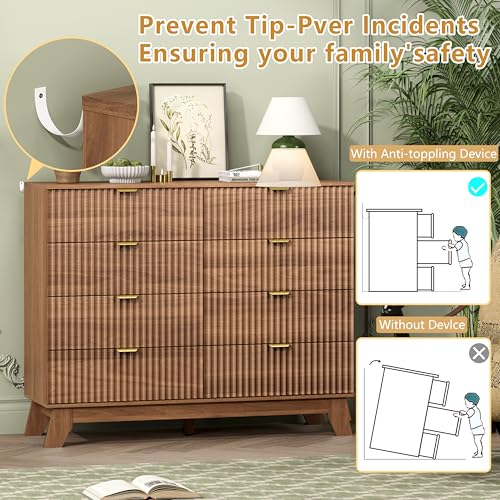 Image of Wodeer 8 Drawer Fluted Dresser for Bedroom, Mid Century Modern Wooden Dresser with 8 Drawers, Dressers & Chests of Drawers with Metal Handle, TV Stand & Storage Organizer for Entryway, Hallway, Walnut