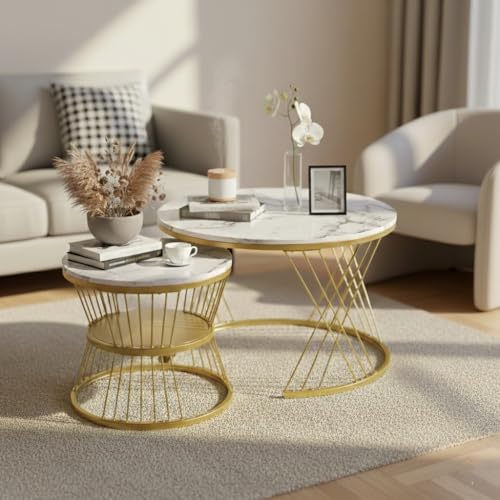 Image of The Round Coffee Table and The Stacking Tea Table with a Gold Metal Frame are Two Versatile Modern Center Tables that Look Great in Living Rooms (X White Gold)