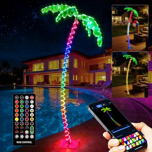 7FT Smart Lighted Palm Tree Color Changing Timer Waterproof APP & Remote Music Sync Outdoor Artificial Trees with Glowing Leaves and Rope LEDs for Outside Patio Day 4th of July Tiki Bar