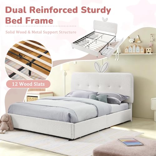 Image of Queen Led Bed Frame with 4 Storage Drawer, Upholstered Platform Floor Bed with Rabbit Ear Headboard Daybed Strong Wooden Slats No Box Spring Needed for Kids Girls Boys, Beige