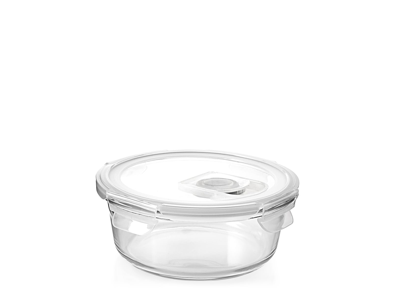 H&H Round Glass Container with Lid and Valve - 390ml - Diameter 14cm - Oven (without lid), Microwave, Dishwasher - With Airtight Silicone Seal