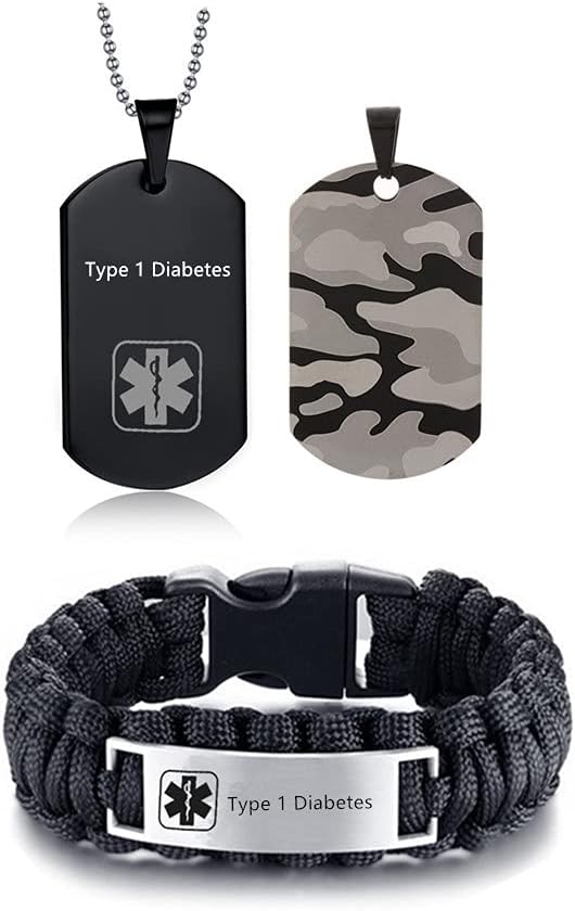 ZKXXJFree Engraving Medical Alert ID Necklaces and Bracelets Set for Men Stainless Steel Medic Identification Pendant Necklace Camouflage Dog Tag & Paracord Rope Cuff Bracelet Allergy Awareness Jewelry