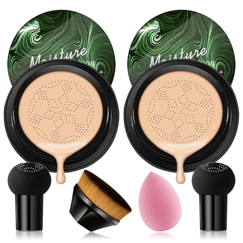 2PCS Mushroom Head Air Cushion CC Cream Moisturizing Lasting Oil Control BB Cream for All Skin Types Full Coverage Concealer Liquid Foundation Face Makeup Set with Foundation Brush & Makeup Sponge A