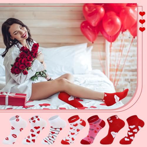 Image of Short Valentine Heart Socks for Women, Red Pink White Heart Ankle Crew Low Cut Galentines Socks Bulk for Women