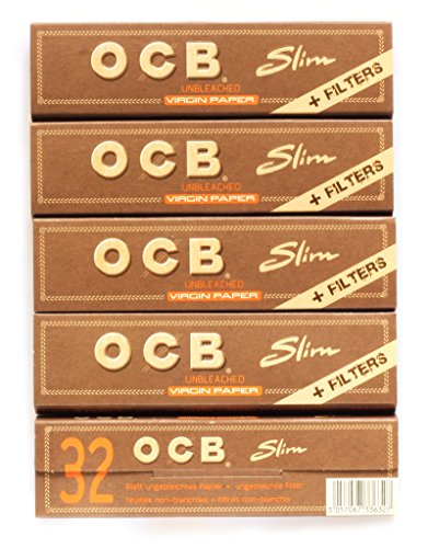 OCB Virgin Unbleached King Size Slim Rolling Papers + Filter Tips Cigarette Papers Smoking Papers Pack of 5 Booklets from Sudesh Enterprises