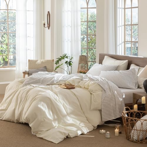 Image of MooMee Striped Sheet Set 100% Washed Cotton Linen Like King | Relaxed Linen-like Texture. Soft, Breathable & Lightweight Comfort. 15-19 inch Extra Deep Pocket with All-around Elastic