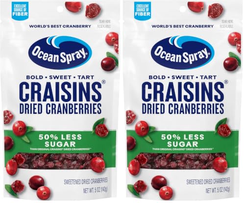 Image of Ocean Spray Craisins, 50% Less Sugar Dried Cranberries, Dried Fruit, 5 Oz Pouch (Pack of 2)