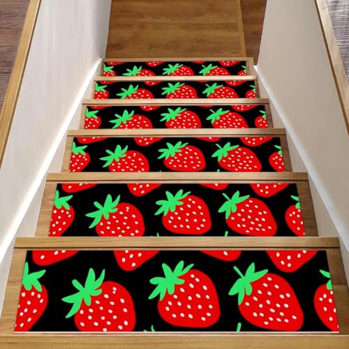 Stair Treads Non Slip 15 Pack 8 X 30 Stair Treads for Wooden Steps, Washable Self Adhesive Stair Runners Stain Resistant Stair Carpet for Kids, Elders and Dogs, Strawberry Black