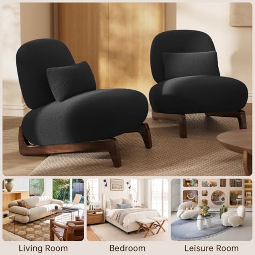 Image of Modern Upholstered Lounge Chair | Premium Fabric Accent Chair with Solid Wooden Legs | Comfortable Single Seater for Living Room, Bedroom & Office (Black)