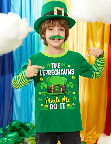 Image of Unisex Kid's St Patrick's Day Shamrock Top Striped Patchwork Irish Clover Long Sleeve Shirt 4-14 Years