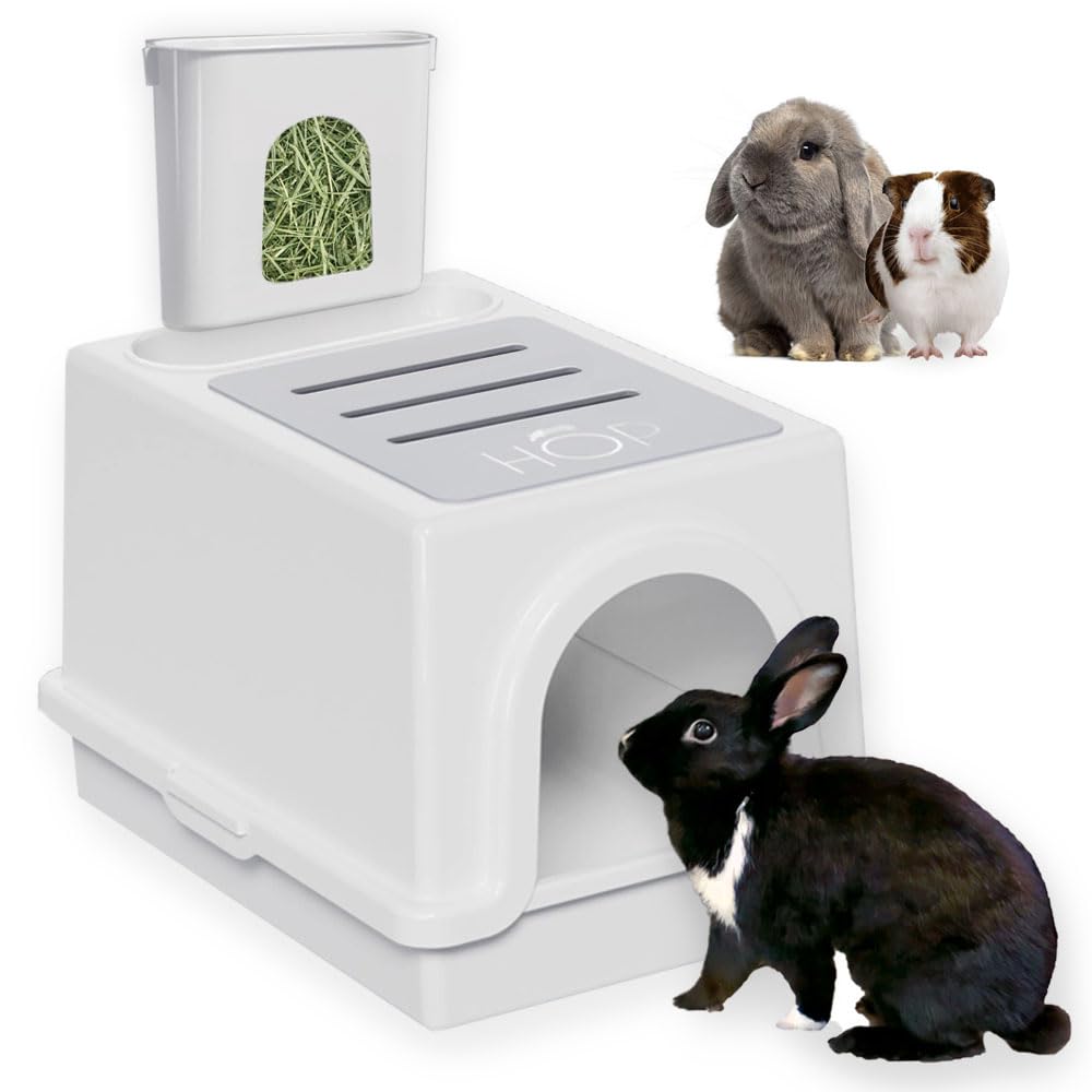 HOP - La Caja de Arena está diseñada específicamente para Conejos. Completo con un alimentador de heno Integrado y extraíble y Cubierta. Apto para lavavajillas y sin BPA. Apto para Gatos, hámster y