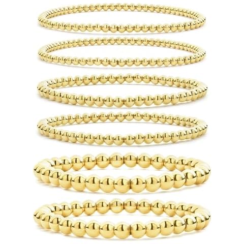 CONRAN KREMIX Gold Beaded Bracelet For Women Set 14K Gold Ball Bead Stretch Layered Stackable Bracelet Stack Trendy Gold Jewelry For Women 6PCS Cover