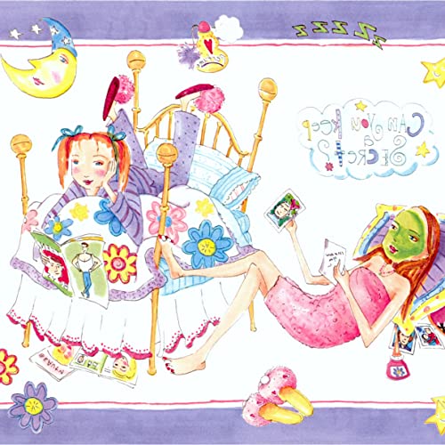 CONCORD WALLCOVERINGS Tapetenbordüre Kindermuster Mädchen Übernachtung für Mädchen Schlafzimmer, Violett Blau Gelb, 4,8 x 20,3 cm Cover