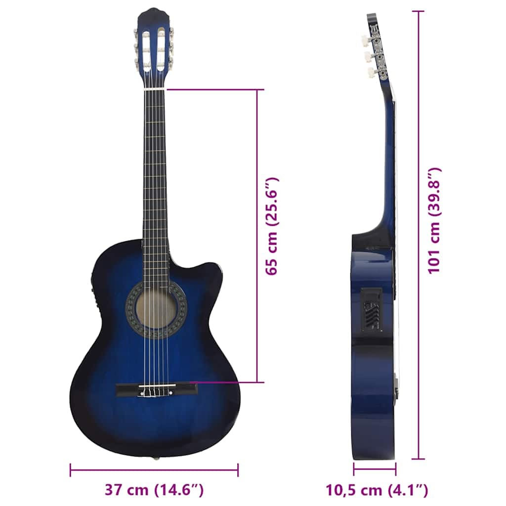12 tlg Western Gitarren Set blau, Akustikgitarre 4 4 mit 6 Nylon Saiten, 4 Band EQ, Tasche, Ständer, Plektrum, Kapodaster und Stimmgerät für Lernen, Bühne, Studio und Reise