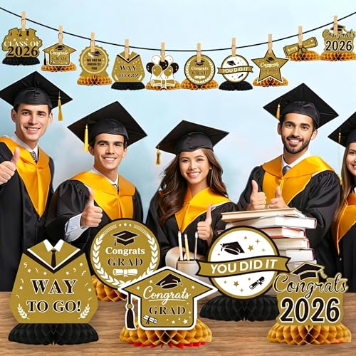 Image of Graduation Decorations 2026, 10PCS Graduation Centerpieces for Table, Black Gold Graduation Party Decorations Class of 2026 Congrats Grad Honeycomb Centerpieces Table Decor Graduation Party Supplies