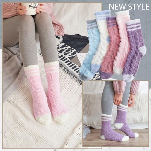 Image of EBMORE Fuzzy Socks for Women, Thick Cozy Warm Fluffy for Winter | Ultra Soft Plush Fleece Lining, Stretch Cuff, Comfy Heel & Toe, for Home & Sleep, Gifts Cabin Slipper Socks, 5 Pairs