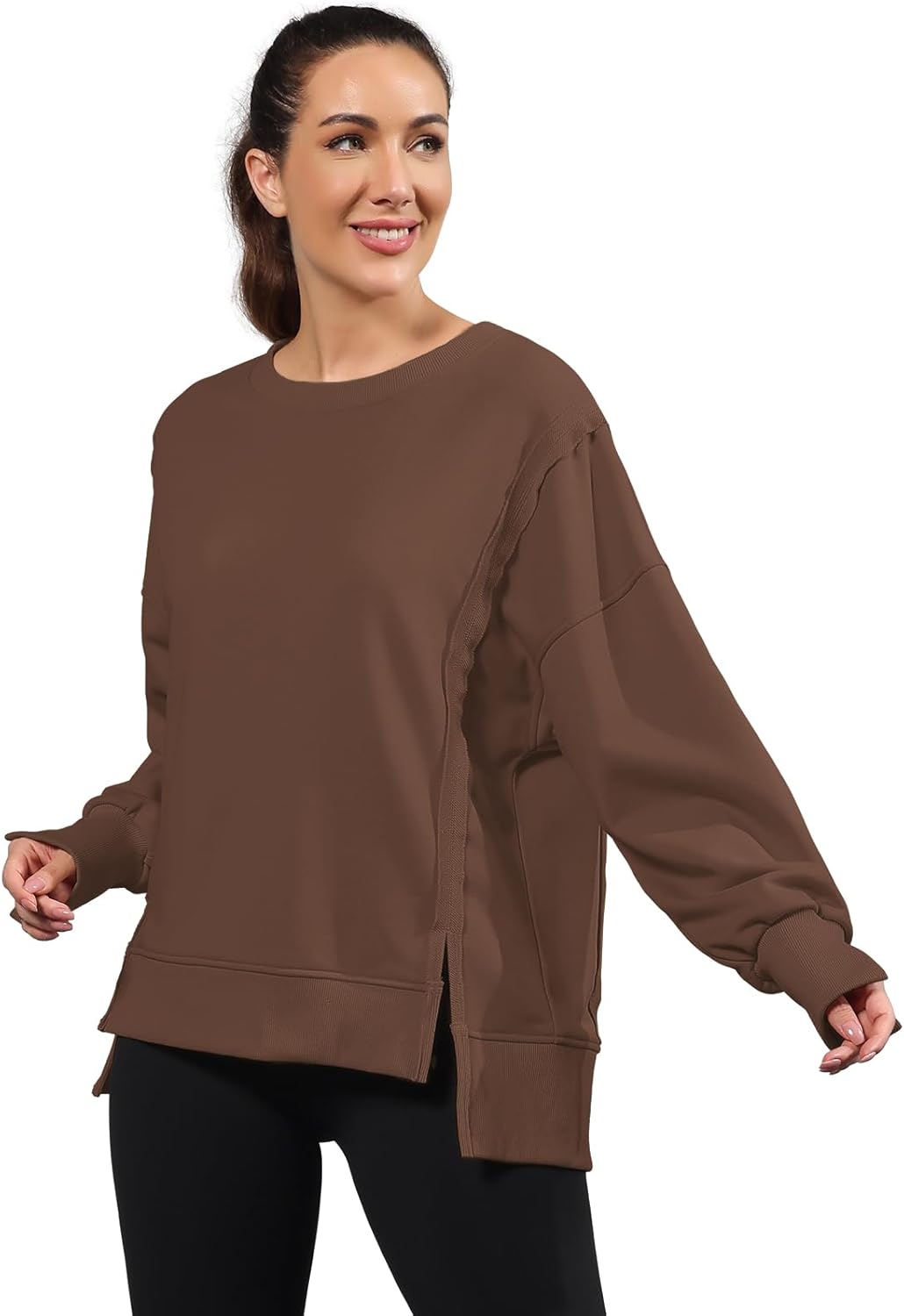 Nirovien Womens Oversized Crewneck Sweatshirt Side Slit Long Sleeve Pullover Slouchy Fit Tops - Image 5