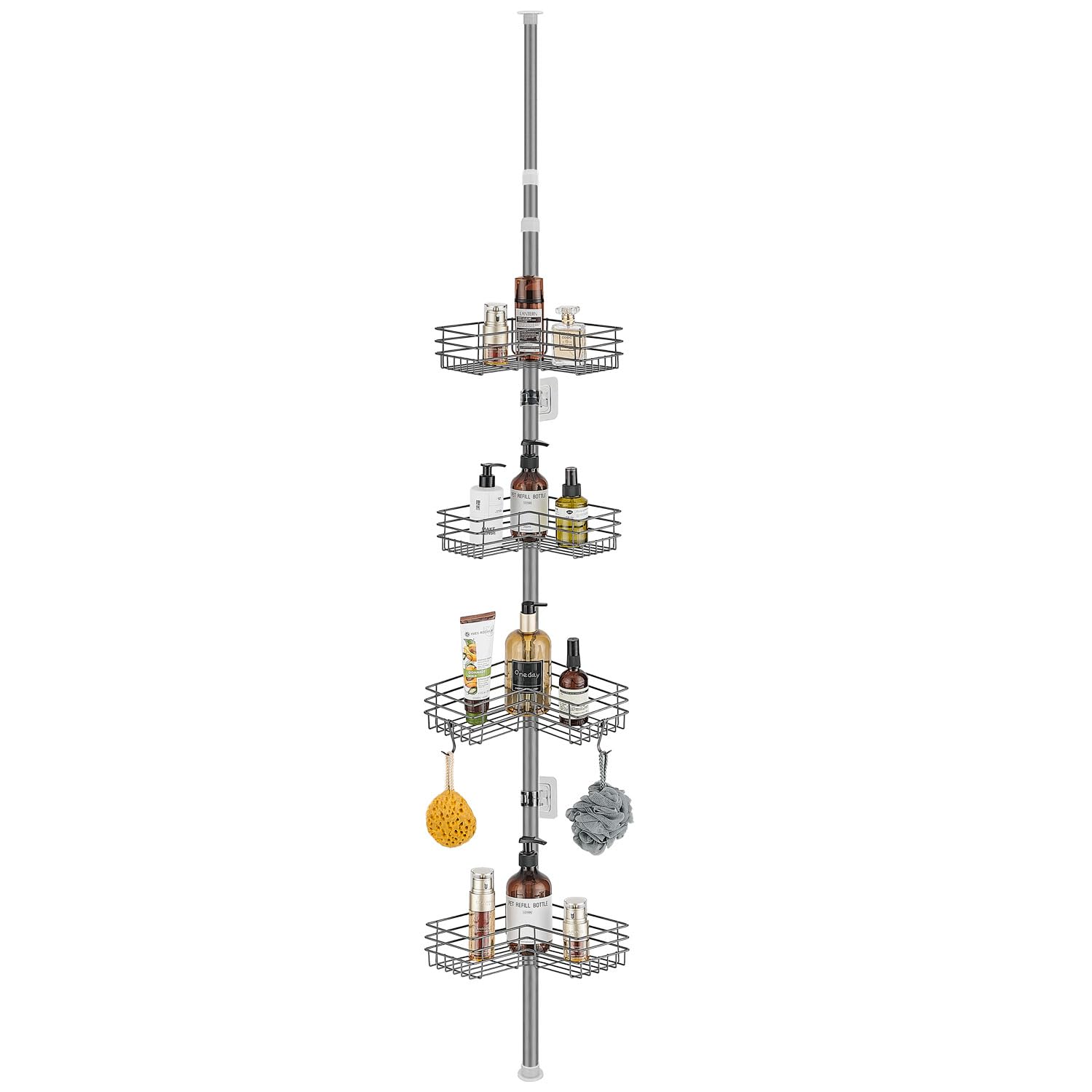 Telescópica Estanteria Ducha, Estante Ducha Esquina Ajustable sin Taladrar, Estantería Baño Metálica con 4 Cestas, Telescopica Estanteria de Ducha para Baño, 78-319cm, Gris