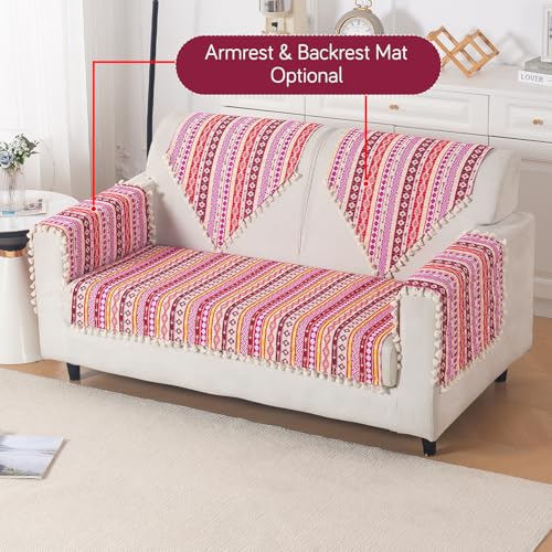 Image of HOKIPO Sofa Cover Mat with Tassel | 300 GSM Cotton Acrylic Jacquard for 2 Seater Sofa,'Trivana Series' Hot Pink (IN-934-J3*S)