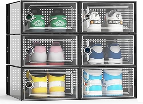 Shoe Organizers Storage Boxes for Closet 6 Pack olable Storage Bins with Lids Sneaker Storage Box Shoe Rack Containers Bins Holders Cabinet (Black-6pack)