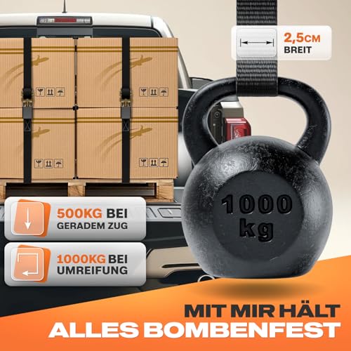 MEISTERBAU - [TÜV geprüft] Spanngurte mit Ratsche [+ 2 Spanngummis] - 1000kg Kapazität - 6m lang und 2,5cm breit 4 Stück - zertifizierte Ratschengurte - Stabile & Wetterfeste Zurrgurte mit Ratsche