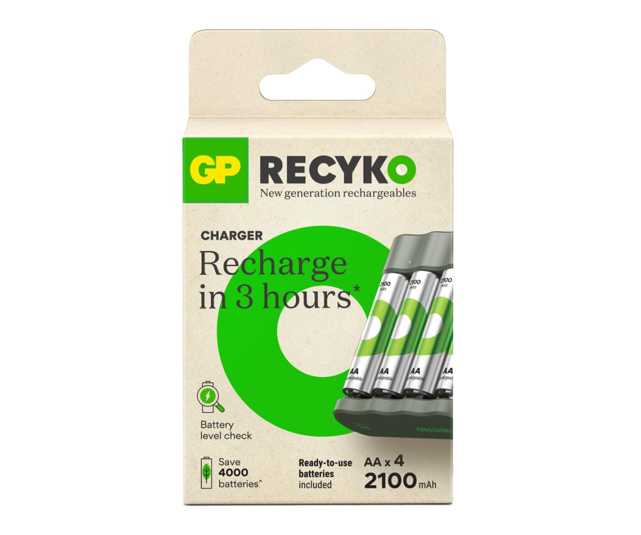 Cargador de batería GP B441 + 4 pilas AA recargables de 2100 mAh, ideal para uso diario | Carga USB, carga rápida, diseño compacto