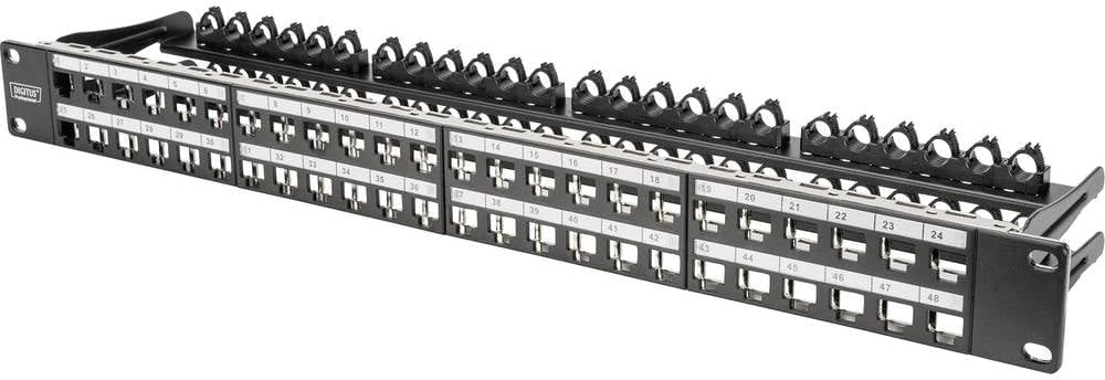 DIGITUS Patch panel - Mod ler - Keystone mod lleri i in - 19 in  - 48 Port - Korumal  - Raf Montaj  1HE - Siyah