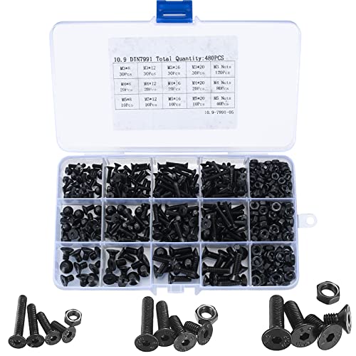 480 Pièces Vis à Tête Fraisée avec Six Pans Creux, M3 M4 M5 Vis à Tête Hexagonale et Boulons écrous Assortiment, Vis Boulons écrous Tête Plate Kit, avec 3 Clé