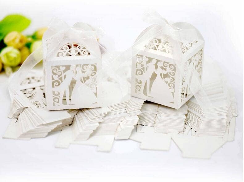 Miniatura 3 de 50 cajas de regalo de boda cortadas con láser, bolsa de caramelos, cajas de regalo de chocolate con cinta, patrón romántico de amante, galletas de