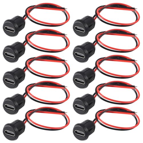 DWEII 10PCS Type-C Female Chassis 2P Direct Crimp USB C Connector Jack Female Charging Port Waterproof with Card Buckle 3A High Current Port USB-C Charger Plug -Black Round