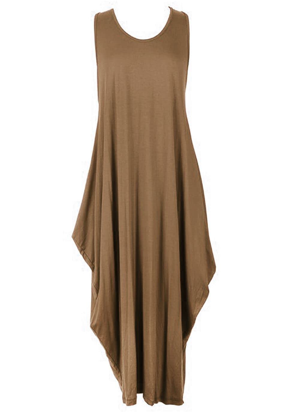 Zee Fashion Women's Mocha New Italian Lagenlook Tulip Parachute Dress Stretchy Sleeveless Long Tunic Top 8-18