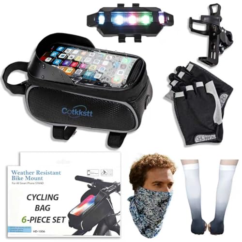 Cotkkstt 6Pcs Bike Accessories Set for Men Women - Cycling Bag, Water Bottle Holder Cage, Gloves & Waterproof Tail Light - Universal Mountain Road Bicycle Outdoor Safety Riding Gear Kit