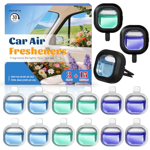SCENTORINI Car Vent Air Freshener 15 Pack, 3 Clip-On New Car+Sea Breeze+Lavender Scented Car Fragrance Refills, Long Lasting Fragrance, Odour Eliminator, Multi-Pack Fresheners for Cars Vans & Trucks