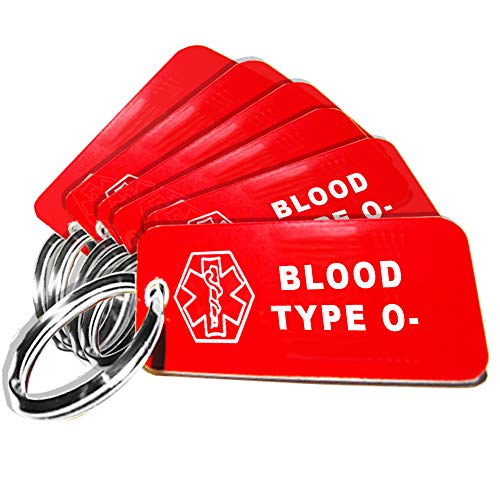 My Identity Doctor - 10 Pre-Engraved Blood Type O- Plastic Medical Alert ID Keychains, 2.25 x .79 Inch