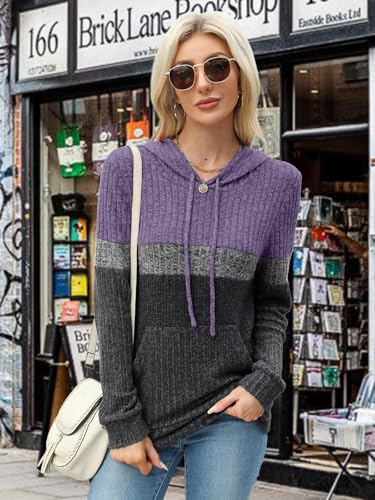 MixShe Women’s Color Block Knit Hoodie – Casual Long Sleeve Pullover Sweater Tops with Pocket
