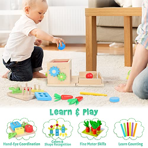 Kizfarm Wooden Montessori Baby Toys, 8-In-1 Wooden Play Kit Includes Object Permanent Box, Coin Box, Carrot Harvest, Shape Sorting & Stacking - Christmas Birthday Gift For Boys Girls Toddlers #TOP5